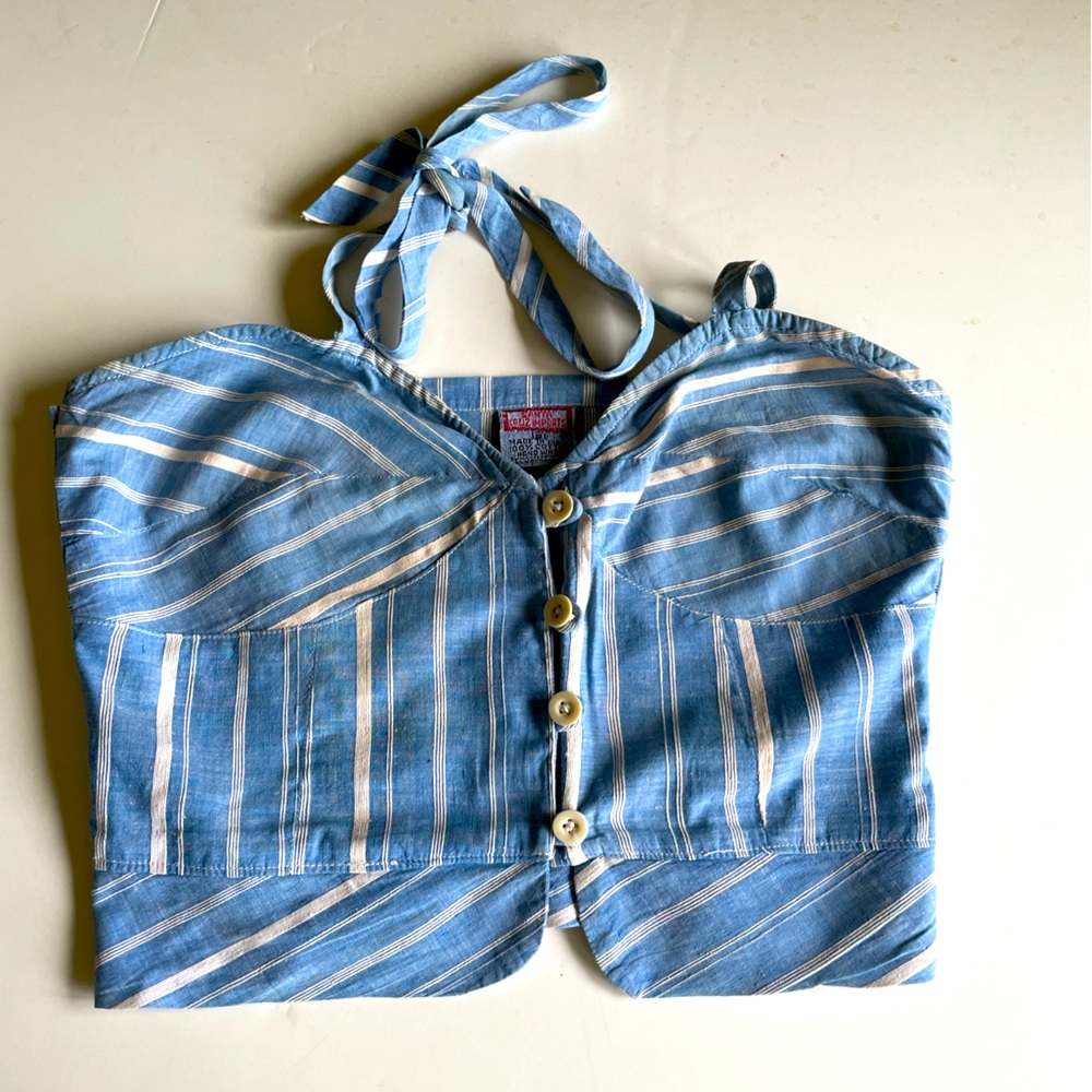 Cropped blue and white stripe bustier.